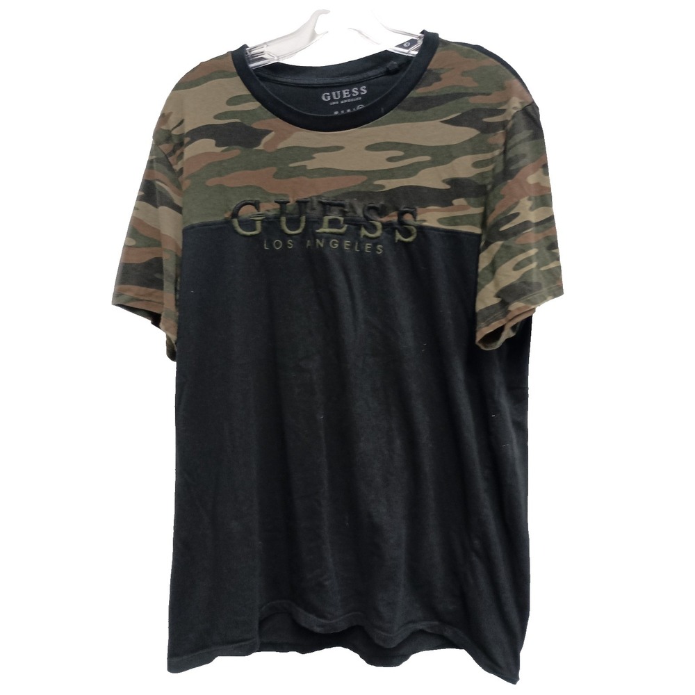 Guess Mens Y2K T-Shirt Size XL Black Camo Embroidered Logo Grunge Short Sleeve